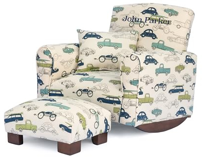 Toddler Personalized Armchair, Kids Upholstered Rocking Chair with Personalization, Toddler Chair with Personalized Name, Comfy Child Armchair, (Cars & Trucks Print, Rockers)