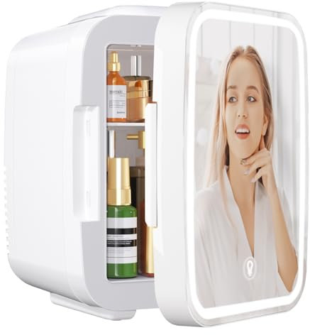 YASHE Mini-Kühlschrank für Schlafzimmer, Skincare mit LED-Spiegel, kleiner Kühlschrank, 4 l, tragbar, thermoelektrisch, Heizung & Kühler, 220 V AC/12 V DC, für Auto, Büro, Schlafsaal (weiß)