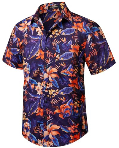 HISDERN Herren-Hawaii-Hemd, lässig, kurzärmelig, Funky Aloha-Party-Hemden, Sommer-Hawaii-Hemd für Urlaub, Strand, Lila/Orange, M
