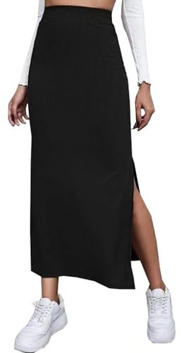 Mluiov Falda larga de cintura alta para mujer, de punto elástico, acanalada, talla grande, entallada, con abertura lateral, estilo lápiz