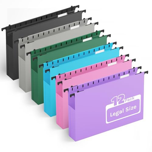Ansook Plastic Extra Capacity Legal Hanging File Folders,Heavy Duty 2 Expansion Hanging Folder with 1/5 Tabs,12 Pack Filing Cabinet Folders,Accordion File Folders,Color File Organizer for Office