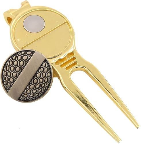 Boerni 2-in-1-Metall-Golf-Pitchgabel für Golf, tragbar, goldfarben, mit magnetischem Ballmarker, Golf-Zubehör für Reparatur, grüne Golfliebhaber, Männer, Frauen, Golfer
