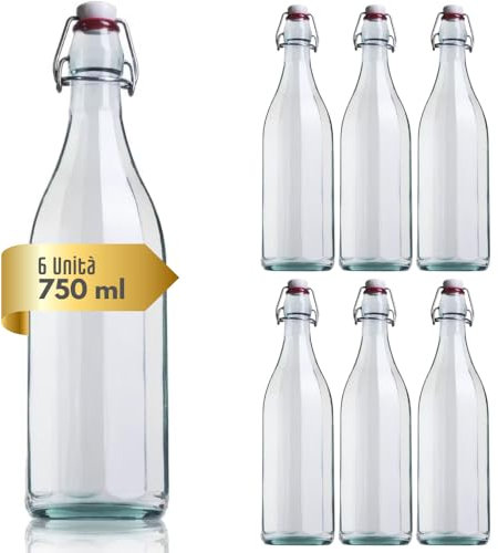 acquaverde | 6 Bottiglie in Vetro Costolata per Acqua - 750 ml, Bevande e Liquori, Design Vintage, Bottiglia Trasparente con Tappo Meccanico Ermetico