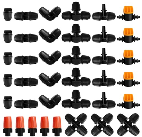 VooGenzek 38 Piezas Juego de Accesorios de Irrigación para Tubo 4/7 mm, Conectores de Púas de Manguera para Sistemas de Riego, Válvulas de Compuerta, Tees, 4 Vías, Rectos, Codos, Aspersores de Goteo