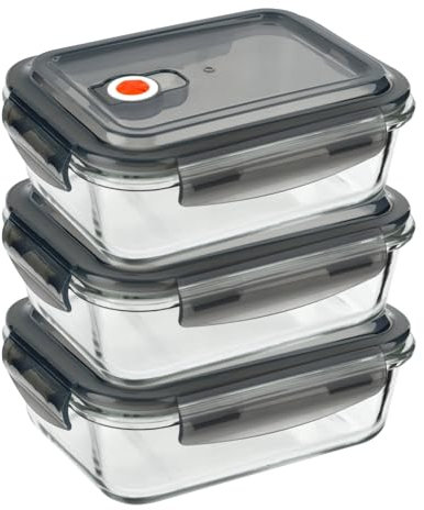 HOMESHOPA Airtight Glass Food Storage Container With Snap Locking Steam Vent Lids, 3 Pack 1100ml BPA-Free & Leak Proof Silicone Seal Plastic Clip Lock Lids, Meal Prep Takeaway Lunch Boxes