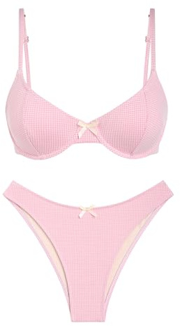 seamoly Gingham Bowknot Decor Underwire Bikini Set,Light Pink,M