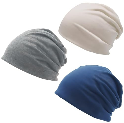 Gorros Pañuelos Oncologicos 3Pcs Turbantes Oncologicos para Mujer Verano Algodón Suave Gorro Oncologico Elástico Pañuelo Musulmán para Dormir Durante la Quimioterapia, Beige Azul Gris Claro