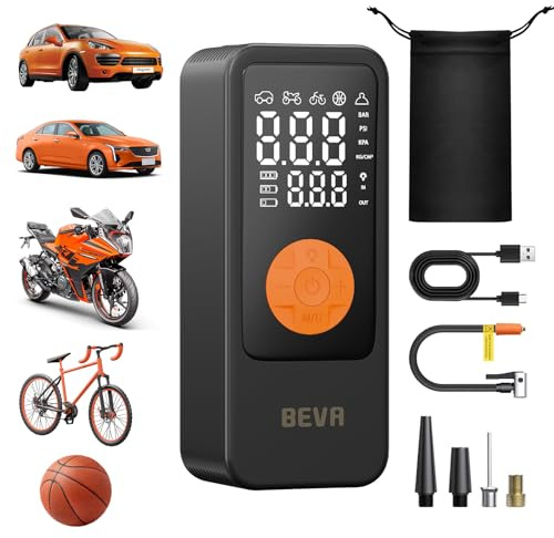 BEVA Elektrische Luftpumpe, Tragbare Akku Fahrradpumpe & Kompressor (150 PSI) mit Alle Ventile,LED-Licht, Auto-Abschaltung, Wiederaufladbar, Luftpumpe Elektrisch für Auto, Motorrad, Fahrrad, Bälle