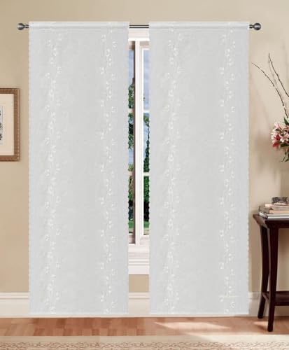 GBiancheria Coppia Tende a Pannello Leda Ricamate con Fiori Verticali Tessuto Semitrasparente per Finestre e Portefinestre Bordo a Smerlo Passanti per Bastoncino (Bianco, 60x240 cm)