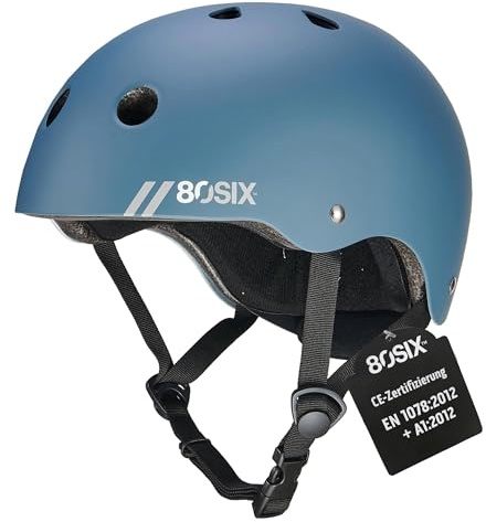 80SIX Hybrid Skaterhelm Fahrradhelm für Kinder, Herren & Damen, Skateboarding Helm mit verstellbarem EPS-Schutz für Fahrrad, Scooter, Longboard, Motocross & BMX Multi-Sport, Steinblau Matt S/M