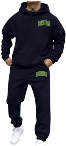 Generisch Conjunto de chándal para hombre BOSTON estampado, chándal con capucha y pantalones de chándal de dos piezas Y2K, de manga larga, chándal deportivo con bolsillos, cómodo, conjunto de jogger