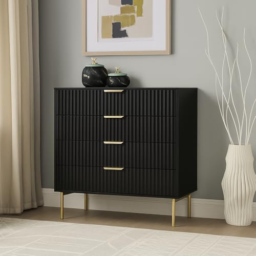 Home Treats Bedroom Furniture Set Black Wooden Chest of 4 Drawers with Legs & Gold Accents, 3 Piece Set Ridged Design (Chest of 4 Drawers)