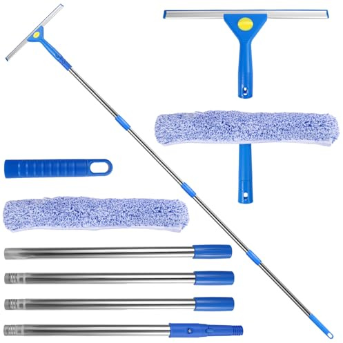 Limpiador de Ventanas con Mango Telescópico, Limpiacristales de Microfibra y Rasqueta de Silicona, Microfibra para Baño, Ducha, Cristal, Espejo, Coche
