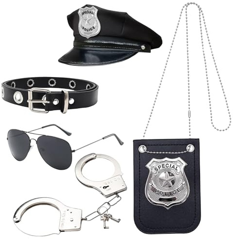 HSYWSH 5PCS Disfraz de policía para adulto, sombrero de policía, disfraz de policía, esposas de policía, insignias de gafas de sol, cinturón, detective, cosplay, disfraz de Halloween carnaval (Plata)