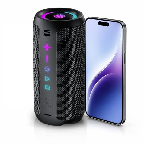 TIMU Altavoz Bluetooth 5.4 Potente, 25W Altavoces Bluetooth con 2 Modos EQ, Correa de Transporte, Compatible con PC, 8 Modos RGB, 24H de Reproducción, Emparejamiento TWS, IPX7, Micro SD y AUX
