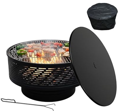 Relaxdays eldstad med grillgaller, lock, poker och vattentätt lock, 66 cm diameter, svart
