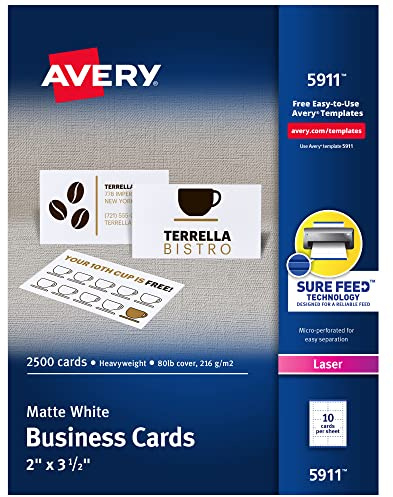 Avery Printable Business Cards with Sure Feed Technology, 2 x 3.5, White, 2,500 Blank Cards for Laser Printers (05911)
