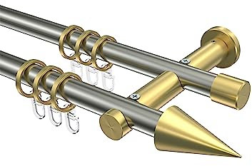Interdeco Edelstahl-Optik/Messing-Optik Gardinenstangen 20 mm Ø 2-läufig Platon Savio, 440 cm