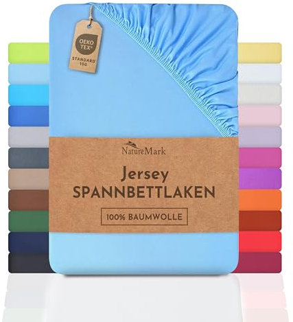 NatureMark Jersey Spannbettlaken, Spannbetttuch 100% Baumwolle in vielen Größen und Farben MARKENQUALITÄT ÖKOTEX Standard 100 | 180 x 200 cm - 200 x 200 cm - hell blau