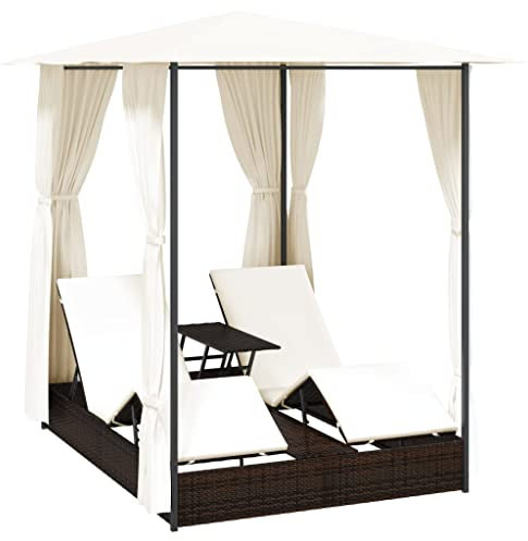 vidaXL Sonnenliege mit Vorhang Gartenliege Gartenmöbel Liege Strandliege Relaxliege Freizeitliege Liegestuhl Rattanmöbel Poly Rattan Braun