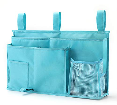 PACOLO Dorm Rooms Bed Rails Caddy Hanging Organizer Bedside Storage Bag, Loop Fastener for Bunk and Hospital Beds&600D Oxford Cloth with Hook(8 Pockets) (Light Blue)