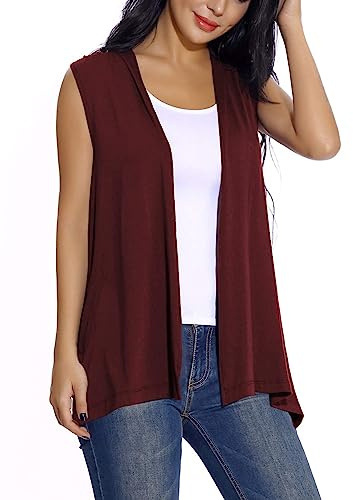 Women's Sleeveless Open Front Cardigan Vest Lightweight Cool Coat (Wine Red, M)