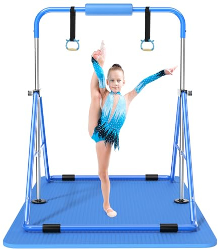 Safly Fun Barras de gimnasia expandibles, barra de entrenamiento para niños, barras horizontales plegables con alfombrilla para niños (azul + alfombrilla)