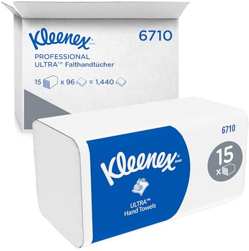 Kleenex Ultra Papierhandtücher mit Interfold Faltung, 3-lagige Papiertücher mit V-Faltung, mit Airflex Technologie und FSC-Papier, 15 Packungen x 96 Handtücher(1.440 Falthandtücher), Artikel-Nr. 6710