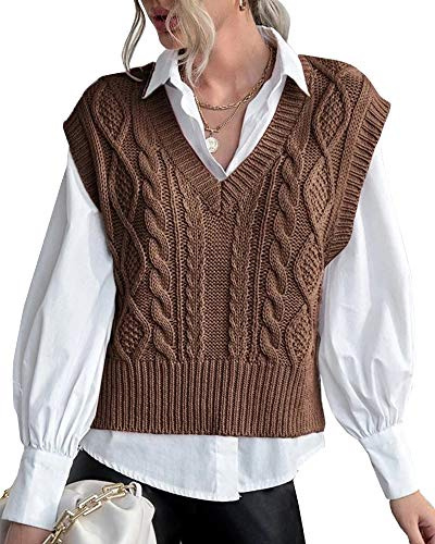 Lueluoye Womens V Neck Sweater Vest Sleeveless Pullover Crop Brown Sweater Vest Coffee M