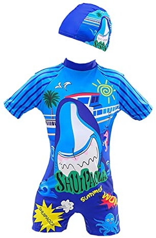 NautySaurs Costume da Bagno per Ragazzi da 2 a 11 Anni Costume Intero da Dinosauro squalo con Cuffia da Nuoto, Squalo Blu, 3-5 Anni