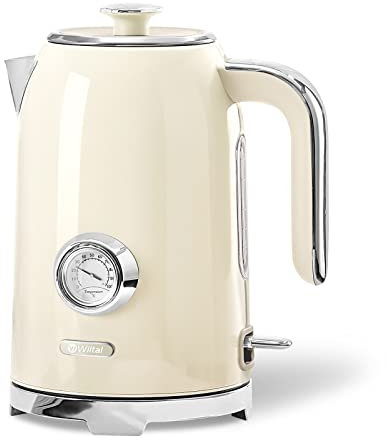 Wiltal Hervidor de Agua Retro [1,7 L, 2200 W], Crema, Acero Inoxidable, Con Indicador de Temperatura y Nivel de Agua Exterior en Diseño Retro