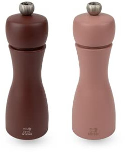 PEUGEOT - Tahiti Air Duo Pepper Mill + Salt Mill 15cm - Includes Black Pepper and Rock Salt - Classic Adjustment - PEFC Certified Wood - Made in France - Cocoa Brown and Hazelnut