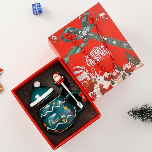 Tasse Weihnachten Kaffeebecher Keramik Weihnachtsbecher Kaffeetasse mit Deckel Löffel 480ml Schneemann Weihnachtsmann Kaffeebecher für Kaffee Tee Milch Weihnachten Geschenk (Weihnachtsbaum)