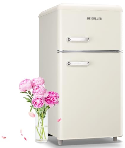 DEMULLER 3.5 Cu.ft Retro Mini Fridge with Freezer Dual Doors & Handles Compact Refrigerator with 7 Thermostat Control Freestanding Small Fridge with LED Light Cream