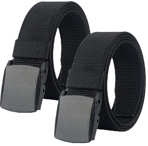 Luoqun88 Work Belts for Men Pack of 2, Adjustable Nylon Fabric Belt, No Metal Buckle, Fast Pass Through Airport Security, Breathable Outdoor Web Belts with Plastic Buckle - Black&Black