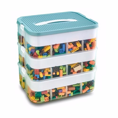 Scatole portaoggetti trasparenti, impilabili, con coperchio, manici, in plastica, multi scomparti, per riporre giocattoli, gioielli, artigianato, attrezzi, Lego (verde, a 3 livelli)