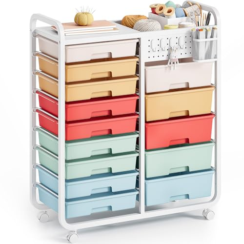 Chariot de rangement à 14 tiroirs SYKIARIOL - Chariot à roulettes avec planche perforée, chariot de rangement avec roues et poignées pour atelier, bureau, cuisine - Multicolore