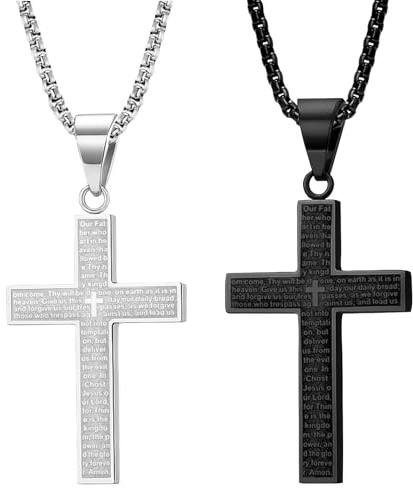 Menibeuty 2Pcs Collier Homme Pendentif Croix, Collier Croix Chretienne Homme, Colliers Croixs Chretienne, Pendentifs en Forme de Croixs avec Chaîne en Acier Titane de 3mm Large 60 cm(Argent Et Noir)