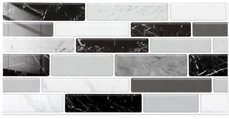 Commomy 12 Piezas Azulejos Adhesivos Cocina Baño, 15 x 30 cm, Pegatinas de Baldosas Adhesivas Pared Autoadhesivos, Mármol Blanco Y Negro, Impermeables, para Salpicaderos Decoración de Interiores