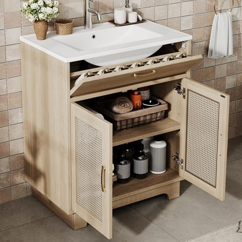 Kebnor Tocador de baño independiente, resistente a la humedad, con diseño de elevador de cajones y puertas dobles de cierre suave, patas altas con detalles de ratán, lavabo de cerámica, color natural