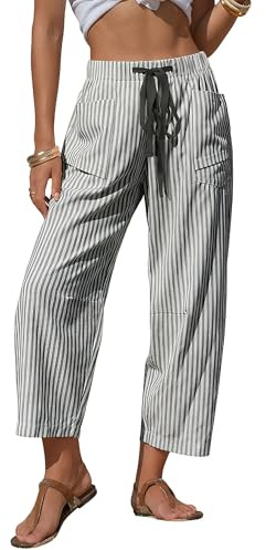 Striped Trousers Women, Summer Wide Leg Trousers for Women, Comfy Drawstring Capri Pants with Pockets, Casual Loose for Holiday Beach Daily Wear