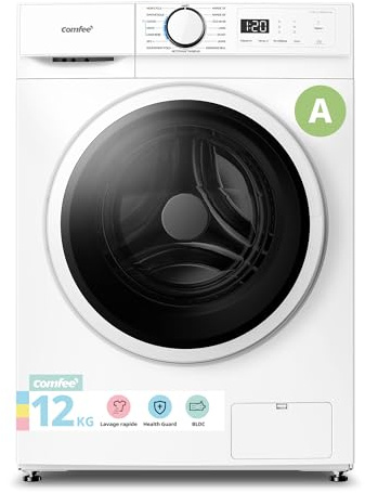 COMFEE' Lave-Linge 12KG Classe A Moteur BLDC 1400RPM Blanc CF12EWA01W | Plus Grande Capacité, Woolmark, Rapide 15'/59', Nettoyage du tambour, Lavage à la vapeur, Lavage à froid