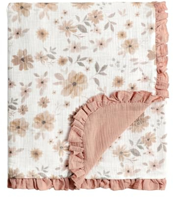 CREVENT Blommig babyfilt av 100 % ekologisk bomull muslin 100 x 100 cm (40 x 40 tum), babyparty & födelsedag – tusensköna med trimma