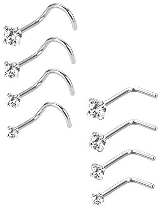 Mudder 20 Gauge Anneaux de Nez Courbés Bague du Nez Vis de Zircon Piercing Bijoux pour Le Corps, et L Bend Forme, 8 Pièces, Acier inoxydable, oxyde de zirconium, Acier