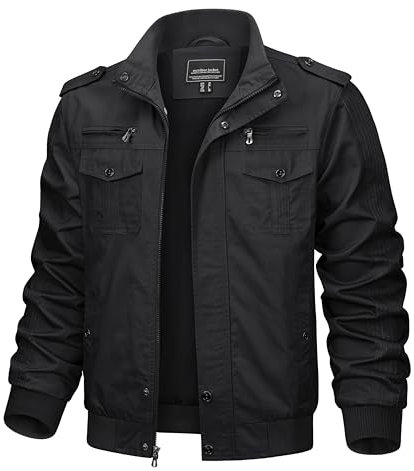 KEFITEVD Herren Cargo Jacke Militär US Feldjacke Multi Taschen Stehkragen Bomber Blouson Übergangsjacke lässig, XL, Schwarz