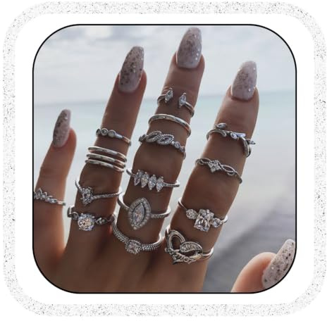 IYOU Silver Crystal Rings Set for Women Boho Knuckle Stacking Rings Jewellery(15pcs)