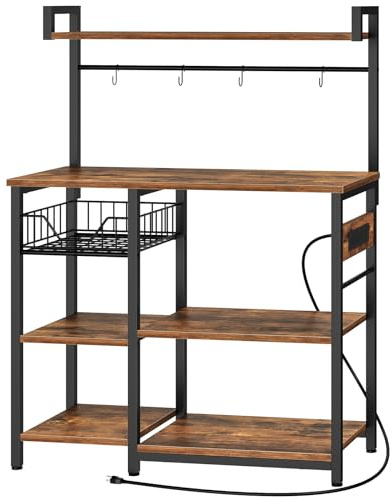 HOOBRO Bakers Rack with Power Outlet, 35.4 Inches Coffee Bar with Mesh Basket, Microwave Stand with 4 S-Shaped Hooks, Kitchen Bakers Rack with Storage, Easy to Assemble, Rustic Brown BF05HB01