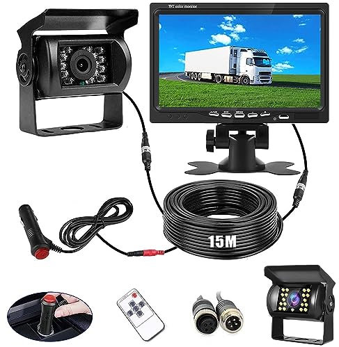 Retrocamera Camper Telecamera per Auto, Monitor LCD da 7 e Telecamera per Auto Kit, Impermeabile IP67 HD Visione Notturna con Linea di Ritardo di 15 m Sistema di Sensori di Parcheggio