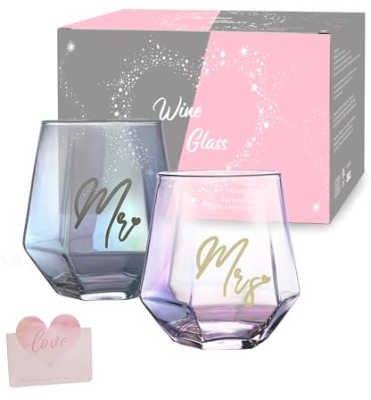 BigNoseDeer Mr and Mrs Paar Gläser,Weinglas Becher Set,Hochzeit Becher für Braut und Bräutigam,Weingläser Geschenke für Paar Jahrestag,Geschenke für Bridal Shower,Verlobung,Weihnachten Valentinstag