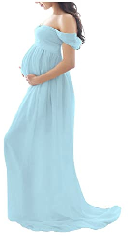 Tomwell Abito Fotografico Premaman Maxi Vestito Fotografico Eleganti Fuori Spalla Chiffon Gravidanti Abbigliamento Maternity Dress Gonna di Lunghezza del Pavimento A Blu S